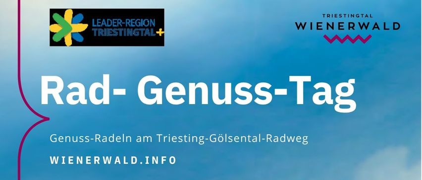 Ein Poster bewirbt den Rad-Genuss-Tag, eine Fahrradtour am 2. Mai 2026 von Leobersdorf nach Kaumberg. Zwei Radfahrer fahren an Kühen und einem klaren blauen Himmel vorbei.