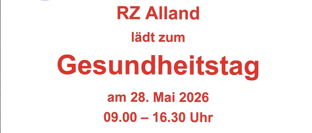 Plakat für einen Gesundheitstag am 28. Mai 2026, von 09:00 bis 16:30 Uhr. Angebote umfassen Sehtests, Hörtests, Raucherentwöhnungsberatung, RR-, BZ- und Bauchumfangsmessungen, Gesundheitstipps. Alle Angebote sind kostenlos, aber nicht unentgeltlich. Unterstützt von Reha-Zentrum und Buchen Apotheke.