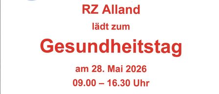 Plakat für einen Gesundheitstag am 28. Mai 2026, von 09:00 bis 16:30 Uhr. Angebote umfassen Sehtests, Hörtests, Raucherentwöhnungsberatung, RR-, BZ- und Bauchumfangsmessungen, Gesundheitstipps. Alle Angebote sind kostenlos, aber nicht unentgeltlich. Unterstützt von Reha-Zentrum und Buchen Apotheke.