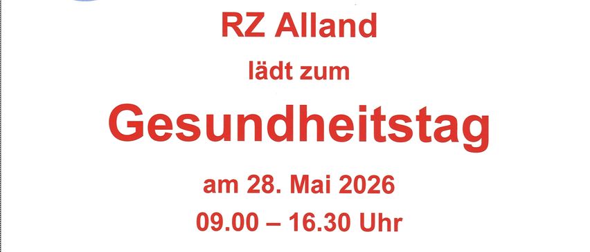 Poster for a Health Day on May 28, 2026, from 09:00 to 16:30. Services include eye tests, hearing tests, smoking cessation counseling, RR, BZ, and abdominal measurements, health tips. All services are free but not without charge. Supported by Reha-Zentrum and Buchen Apotheke.
