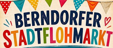 Plakat für Berndorfer Stadtflohmarkt, Samstag, 6. Juni, 9-15 Uhr. Straßenschilder zeigen auf verschiedene Straßen und Orte, eine Lampe, einen Teddybär, Bücher und eine Tafel mit Schrift.