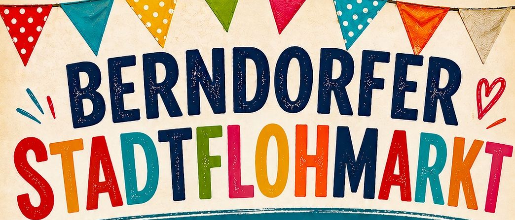 Plakat für Berndorfer Stadtflohmarkt, Samstag, 6. Juni, 9-15 Uhr. Straßenschilder zeigen auf verschiedene Straßen und Orte, eine Lampe, einen Teddybär, Bücher und eine Tafel mit Schrift.
