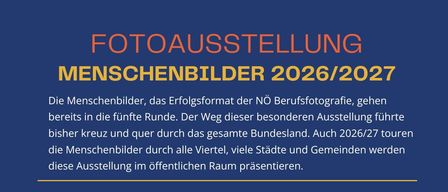 A person holds a camera lens with a blue background. Text reads 'Fotoausstellung Menschenbilder 2026/2027'. Images will be displayed for six weeks at Hafnerberg. Opening on Sunday, May 24, 2026.