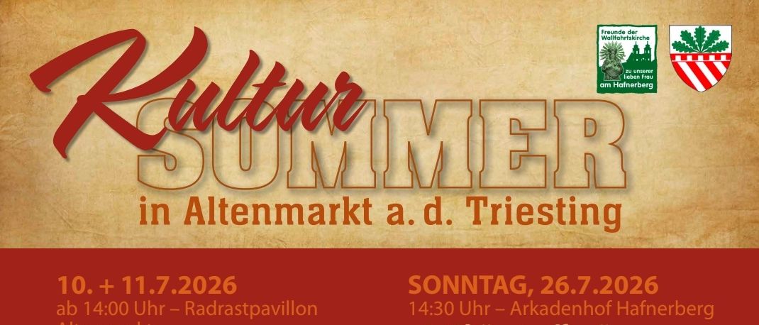 Plakat für Sommerveranstaltungen in Altenmarkt a.d. Triesting. Bietet Bands wie Roaring Sixties und Phillip Griessler sowie Chorveranstaltungen wie Chortreffe und Jorg Schneider & Friends. Daten, Zeiten und Orte aufgeführt.