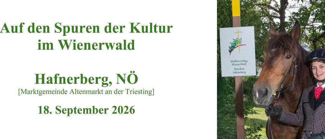 Ein Veranstaltungsplakat für eine kulturelle Veranstaltung in der Wienerwald-Region, mit einem Pferd und Reiter, einem Schild und dem Datum 18. September 2026.