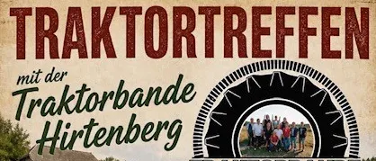 Plakat für Traktortreffen-Event am 16. August 2026 mit Traktoren, Live-Musik und Benefiz-Auktion. Das Event wird von Traktorbande Hirtenberg veranstaltet.