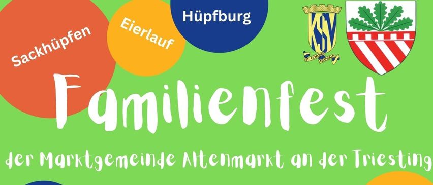 Plakat für ein Familienfest in Altenmarkt mit einem Hüpfburg, Kindern und verschiedenen Aktivitäten. Datum: 12. September 2026. Zeit: 14:00 Uhr. Ort: Ehemalige Volksschule in St. Corona/Schöpfl Nr. 46.