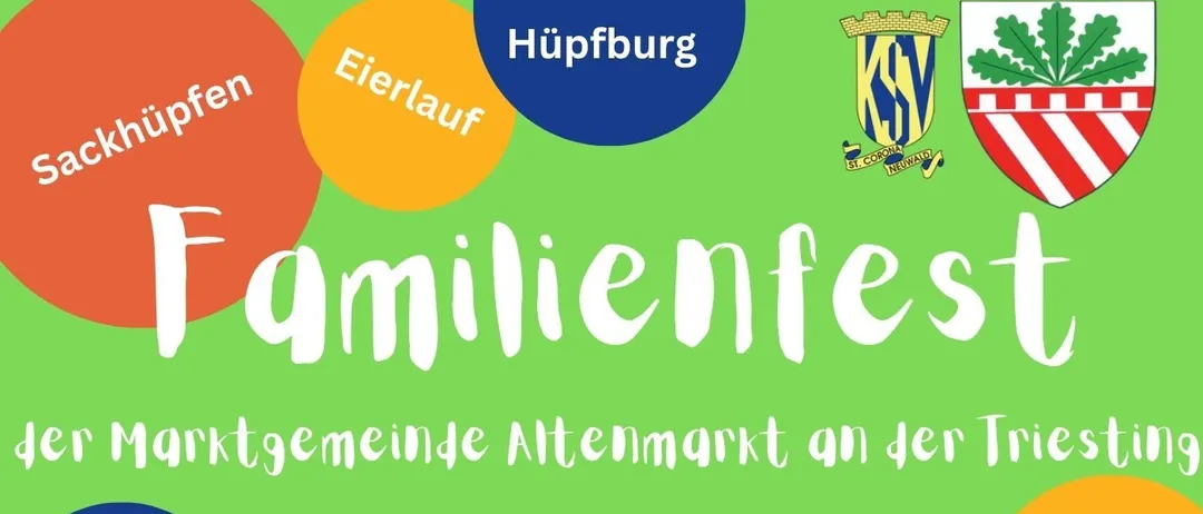 Plakat für ein Familienfest in Altenmarkt mit einem Hüpfburg, Kindern und verschiedenen Aktivitäten. Datum: 12. September 2026. Zeit: 14:00 Uhr. Ort: Ehemalige Volksschule in St. Corona/Schöpfl Nr. 46.