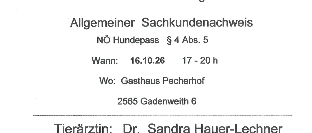 Ein Flyer für eine Hundesportvereinsveranstaltung. Es enthält Details zum allgemeinen Sachkundenachweis, Datum, Uhrzeit, Ort sowie die beteiligten Tierärzte und Hundetrainer.
