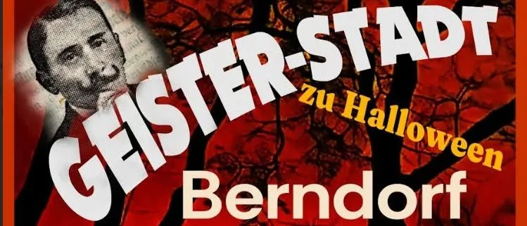 Ein Plakat für eine Halloween-Veranstaltung in Berndorf, mit einem Mann in einem roten Anzug und einem gruseligen Hintergrund.