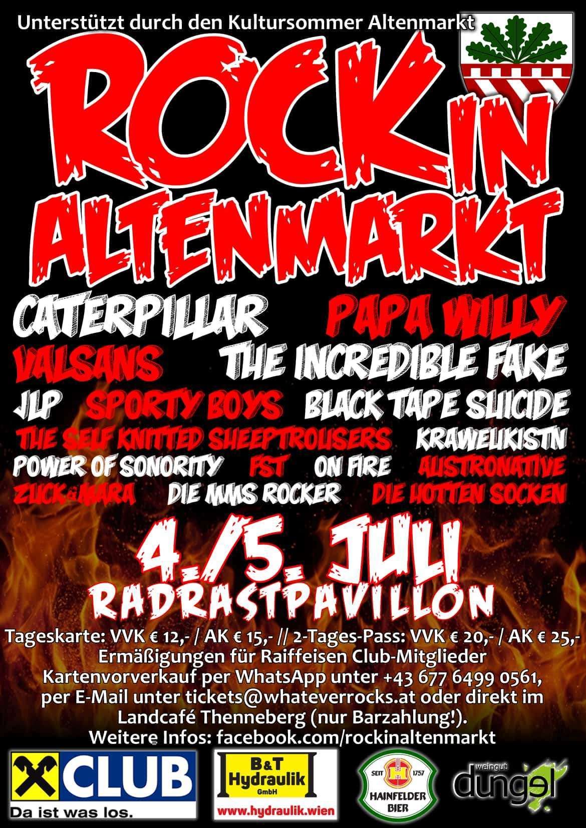 Plakat für das Rockin' Altenmarkt-Event mit Bands wie Caterpillar, Papa Willy, Valsans und mehr. Daten und Ticketpreise aufgeführt.