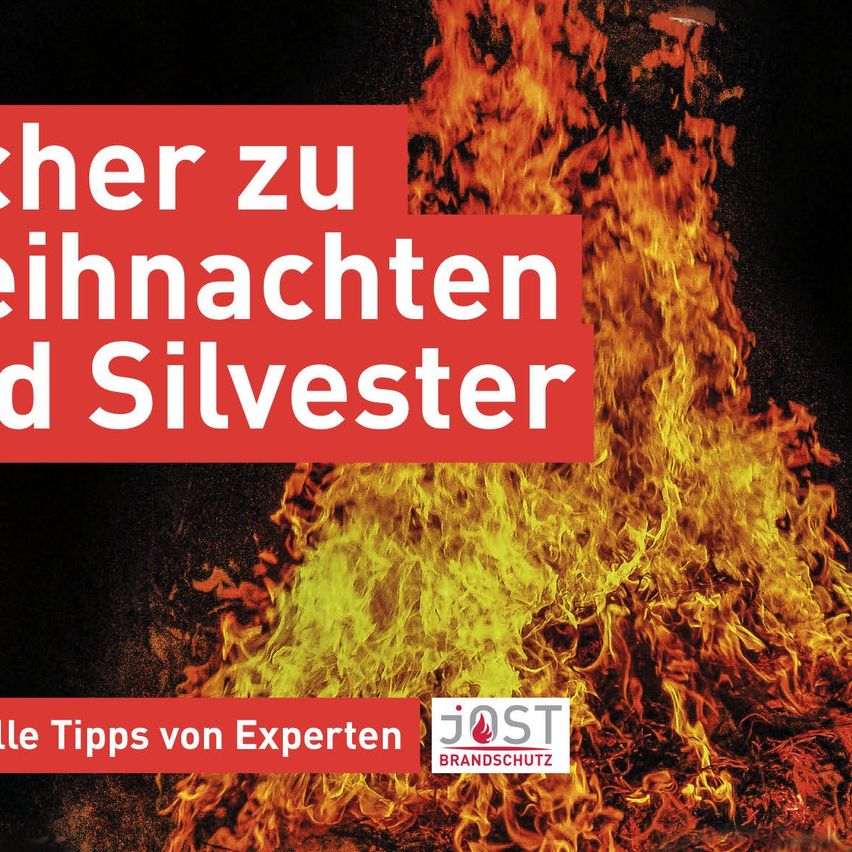 Ein Plakat zeigt ein brennendes Feuer mit deutscher Textüberlagerung. Es steht 'cher zu Weihnachten und Silvester' mit einem Feuerbild. Darunter befindet sich ein roter Kasten mit dem Text 'lle Tipps von Experten' und einem Logo.