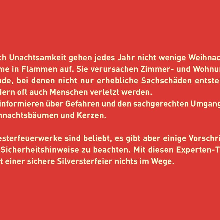 Jedes Jahr gehen durch Unaufmerksamkeit viele Weihnachtsbäume in Flammen auf. Sie verursachen Sachschäden und oft auch Personenverletzungen. Informieren Sie sich über die Gefahren und den sicheren Umgang mit Weihnachtsbäumen und Kerzen. Feuerwerksdarbietungen sind beliebt, es gibt aber einige Vorsichtsmaßnahmen zu beachten. Mit diesen Experten-Tipps steht einer sicheren Silvester nichts im Weg.
