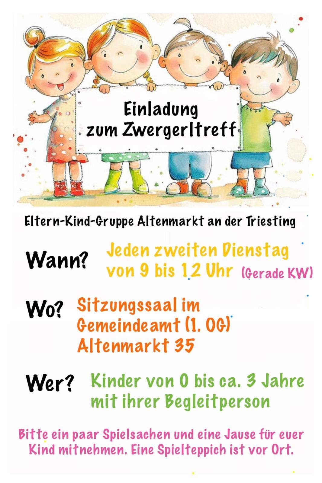 Illustration of children holding a sign that reads 'Einladung zum Zwergerltreff.' Below are details about the meeting's time, location, and who can attend.