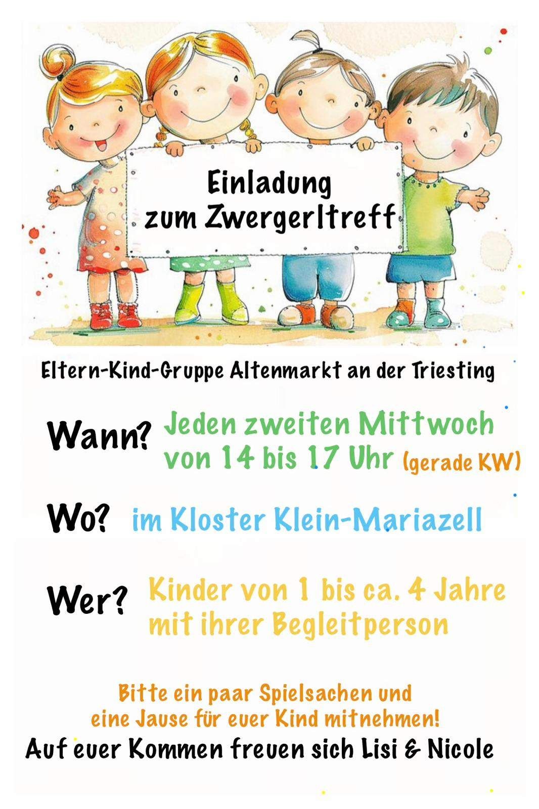Illustration of children holding a sign reading 'Einladung zum Zwergerltreff'. The event is for children aged 1-4 with a caretaker, every second Wednesday from 2-5 PM, at Kloster Klein-Mariazell.
