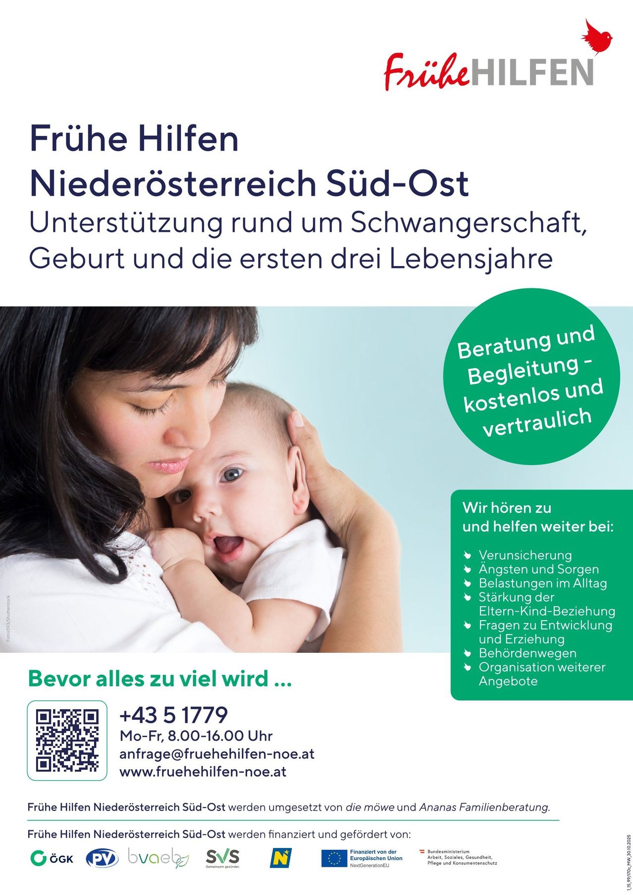 Advertisement for early help in Lower Austria, South-East. Free counseling and support for pregnancy, birth, and first three years. Contact +43 5 1779.