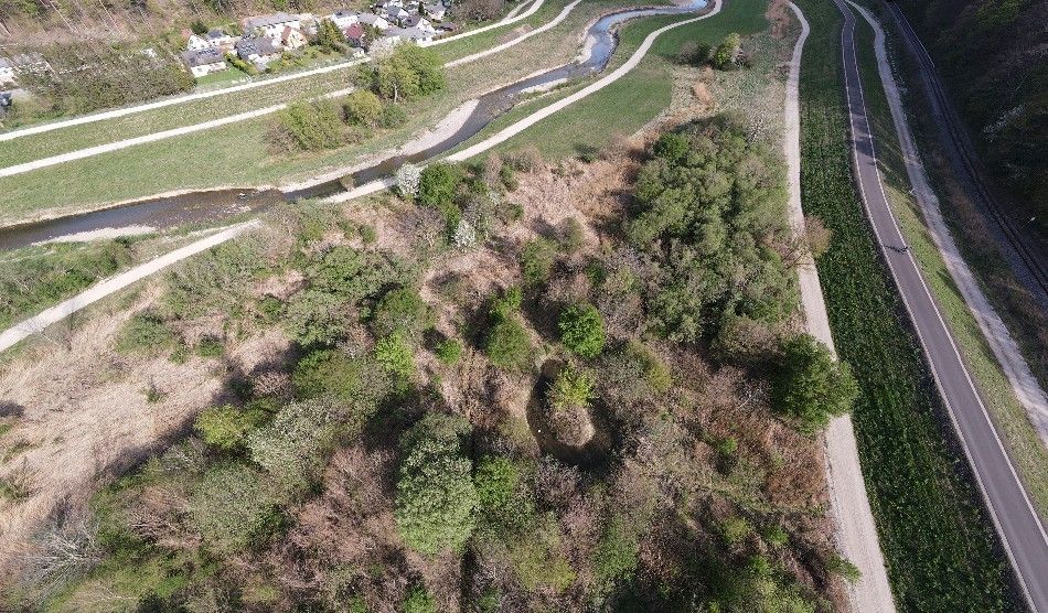 Aerial view of a rural landscape with winding roads, a river, and a few houses. Trees and bushes are scattered around.