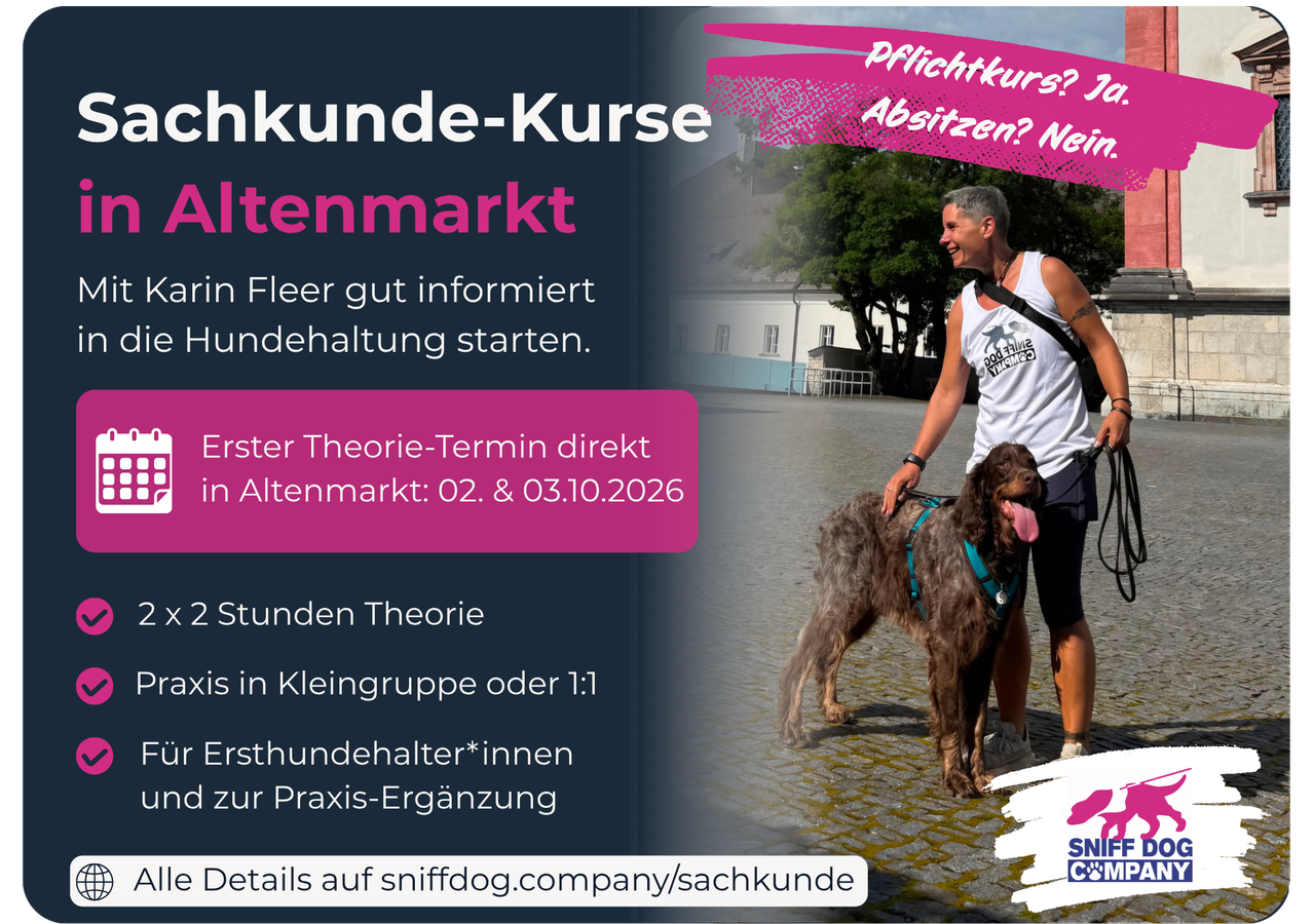 Ein Flyer für einen Hundetrainingskurs in Altenmarkt, mit einer Frau, die einen Hund spazieren führt, und Text auf Deutsch und Englisch über die Kursdetails und Termine.