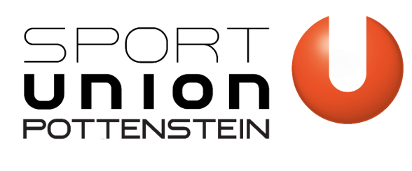 Das Logo für Sport Union Pottenstein zeigt einen fetten schwarzen Text mit einem roten Kreis und einem weißen Buchstaben U darin.