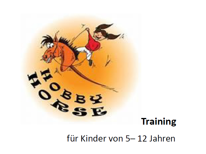 Illustration eines Kindes, das ein Pferd reitet, mit dem Text 'Hobby-Pferde-Training für Kinder von 5-12 Jahren'.