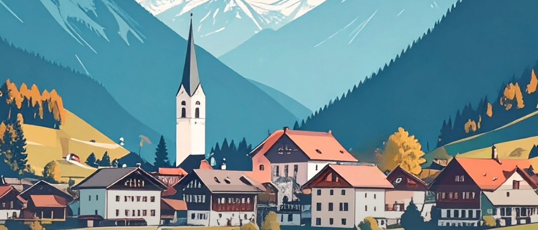 Plakat für die Veranstaltung Tal auf Tal ab, die am Samstag, den 25. Oktober 2025, im Rathaussaal in Kötschach-Mauthen stattfindet. Es zeigt ein malerisches Dorf am See mit Bergen im Hintergrund.