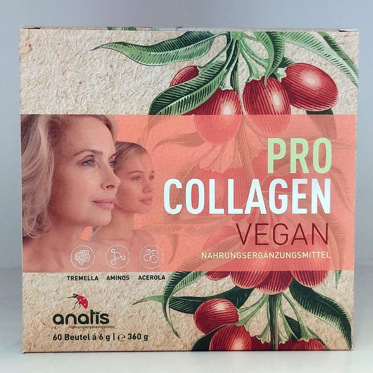 Die Vorderseite einer veganen Kollagen-Ergänzungsbox mit dem Gesicht einer Frau, roten Kirschen und Blättern. Der Text lautet 'PRO COLLAGEN VEGAN'. Darunter sind Inhaltsstoffe und Markenname aufgeführt.