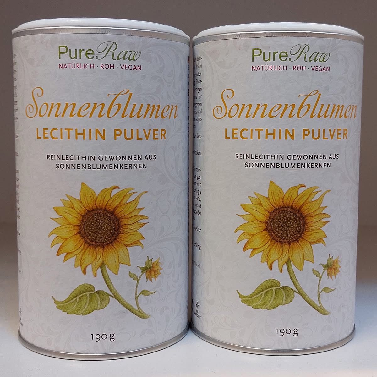 Two cylindrical containers of Pure Raw Sunflower Lecithin Powder, each weighing 190g, with sunflowers and leaves on the label.