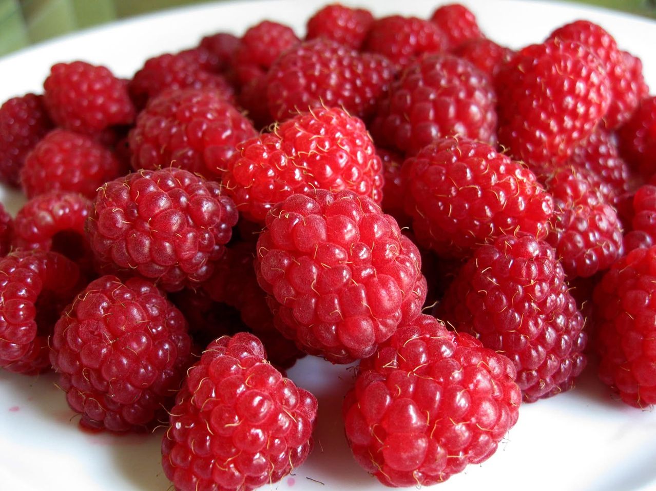 Nahaufnahme einer Ansammlung reifer roter Himbeeren auf einer weißen Oberfläche.