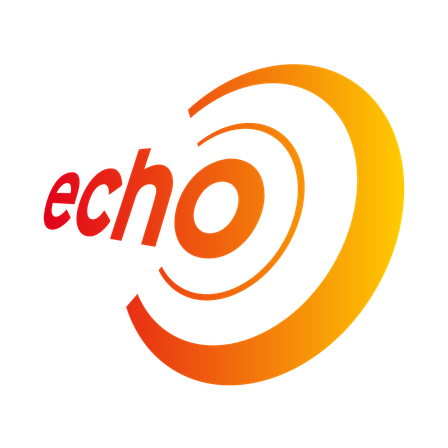 Echo-Logo auf schwarzem Hintergrund. Es ist rot und gelb mit einem Smiley-Gesichtsmuster.
