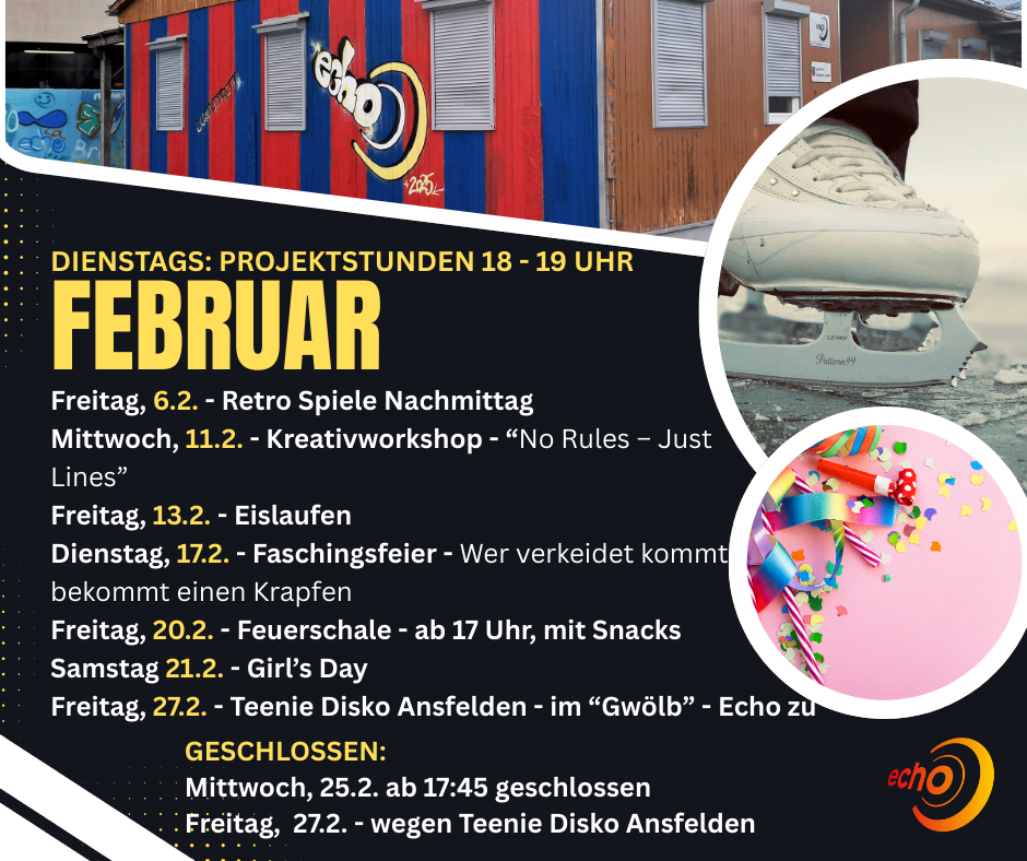 Der Februar-Zeitplan umfasst Retro-Spiele am Montag, einen Kreativworkshop am Mittwoch, Eislaufen am Donnerstag und eine Teenie-Disko am Freitag. Geschlossen am Mittwoch um 17:45 und Freitag wegen der Teenie-Disko.