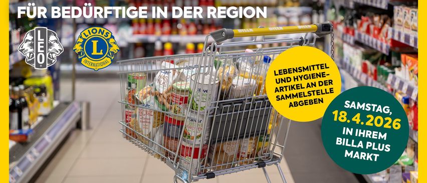 A supermarket trolley full of food and beverages, with a yellow background and a logo on the left. It is asking for donations of food and hygiene articles.