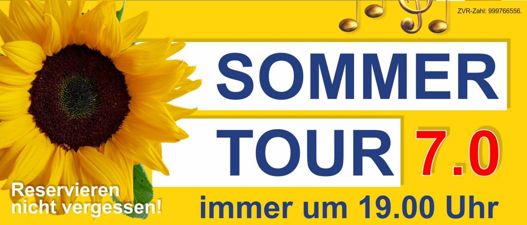 Plakat für eine Sommertour, mit Sonnenblume und Musiknoten, mit Orten und Daten für verschiedene Veranstaltungen. Erinnerung zu reservieren. Beginn um 19:00 Uhr.