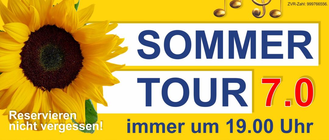 Ein Plakat für eine Sommertour mit einer Sonnenblume und einer Musiknote. Es listet Orte und Termine für Veranstaltungen auf, darunter Gasthaus Gold Hirsch Hirtenberg, Heurigen Rappold-Schlegel Lindabrunn, Heurigen Schwarz Lindabrunn und Mayer's Picknick Enzesfeld.