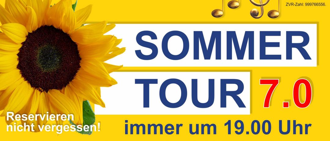 Ein Plakat für eine Sommertour, beginnend mit einem Halt im Gasthaus Gold Hirsch Hirtenberg am Donnerstag, 2. Juli. Weitere Haltepunkte sind Heurigen Rappolt-Schleg in Lindabrunn am 9. Juli, Heurigen Schwarz in Lindabrunn am 16. Juli, Mayer's Picknick in Enzesfeld am 17. Juli und Heurigen Stockreiter. Die Tour beginnt täglich um 19:00 Uhr.