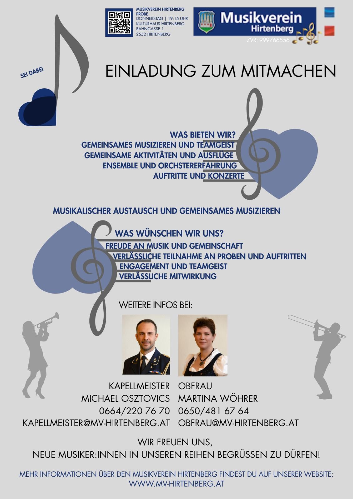 Plakat für musikalisches Ensemble mit Details zu Aktivitäten, Kontaktinformationen und Bildern von Musikern. Bietet gemeinsame Aufführungen, Teamaktivitäten, Proben und Konzerte an.