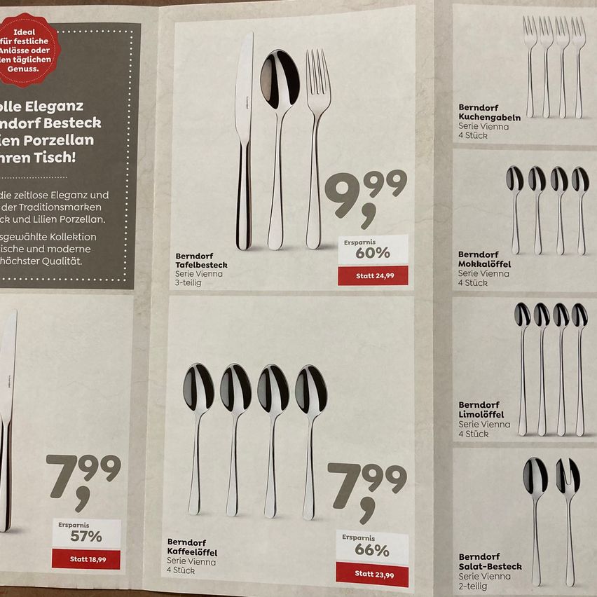 Werbung für Berndor Bestecksets, mit einem 3-teiligen Silberbesteck und einem 4-teiligen Messerset. Rabatte von 60% und 57% sind angezeigt. Der Preis wurde von 24,99 auf 7,99 reduziert.