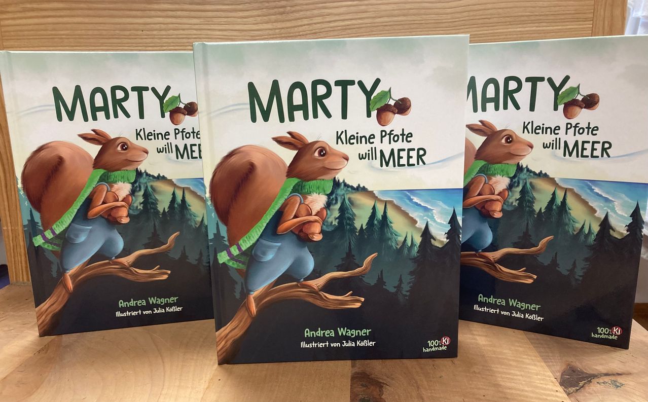 Three books with the title 'Marty' are shown. The front cover of the middle book depicts a squirrel holding a nut.
