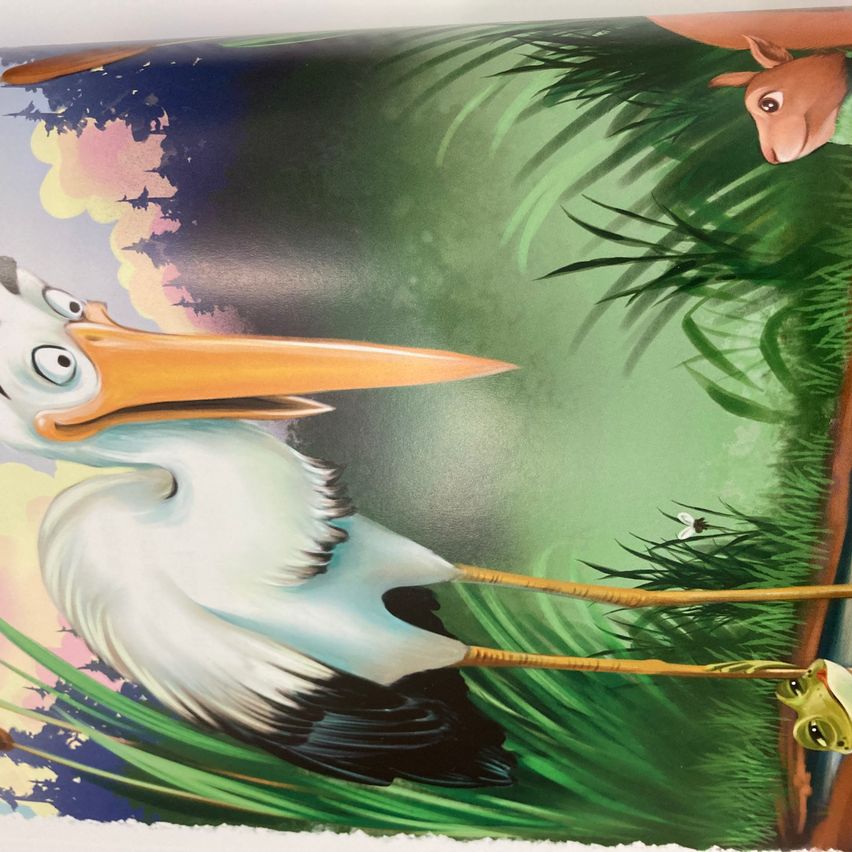 An illustration of a stork with a long beak, standing in a lush green field, with a small frog in its beak and a deer peeking over the foliage in the background.