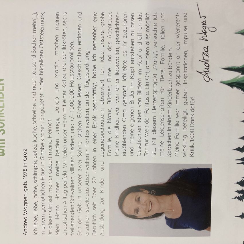 The image features a smiling woman in a blue top with a tree design on the right. Above her, the text reads 'Andrea Wagner' and 'geb. 1978 in Graz'. The text is in German and discusses various topics.