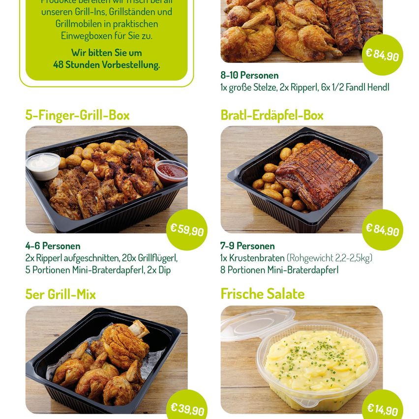 Das Bild zeigt drei Essensboxen mit verschiedenen Mahlzeiten für 4-6, 7-9 und 8-10 Personen. Jede Box enthält ein Hauptgericht, Beilagen und Dips. Die Preise reichen von 39,90 bis 84,90 Euro.