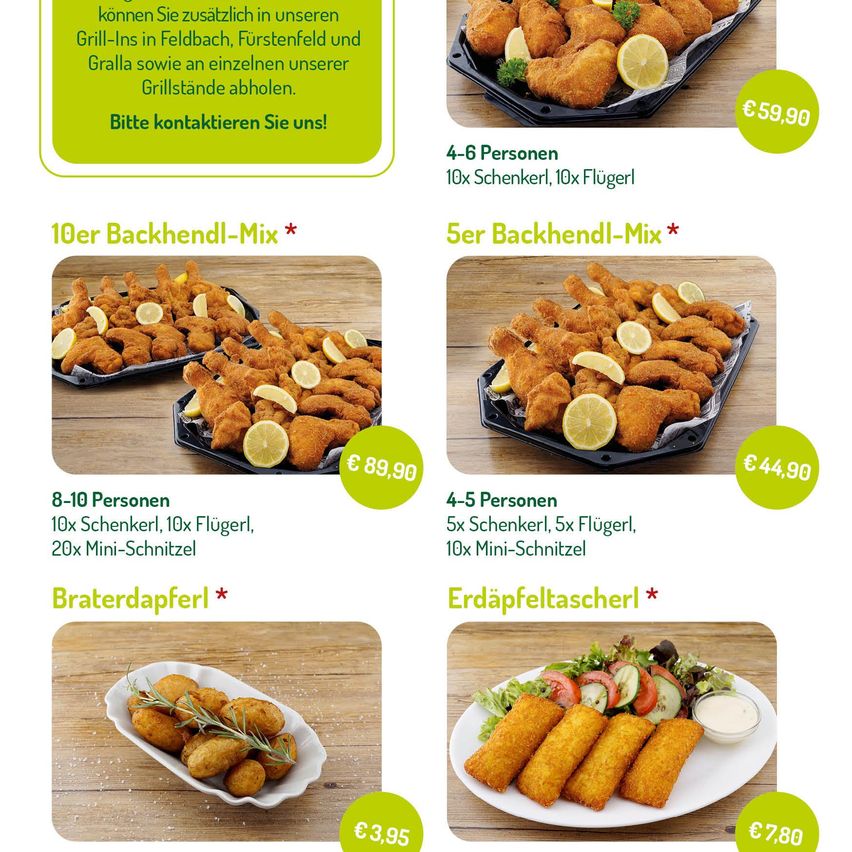 Das Bild zeigt eine Speisekarte mit verschiedenen Hühnchengerichten und Preisen. Es gibt zwei Abschnitte, die jeweils verschiedene Portionen und Preise anbieten. Braterdapfel kostet 3,95 € für 8-10 Personen und Erdäpfeltascherl kostet 7,80 € für 4-5 Personen.