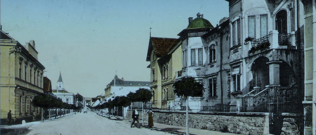 Ein altes Bild einer Straße in Hoffen am Thaya, Österreich. Ein Paar geht an einer Steinmauer mit einem Hund vorbei.