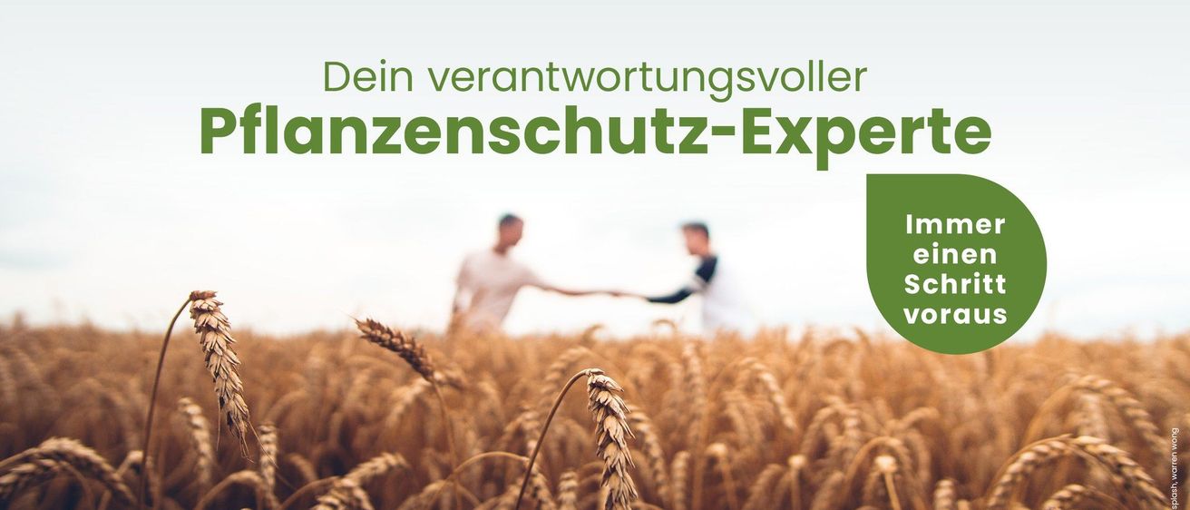 Zwei Personen stehen in einem Weizenfeld und schütteln Hände, mit dem Text 'Ihr Haftpflichtversicherungs-Experte' darüber.