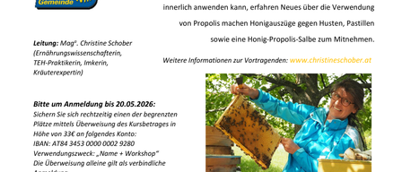Ein Honig-Workshop bei Gemusehof Wild-Obermayr. Datum: 06.06.2026, 09:00-11:30. Ort: Iptal 29, 4491 Niederneukirchen. Kosten: €25, €8 pro Person. Gefuhrt von Mag. Christine Schober. Anmeldung bis 20.05.2026.