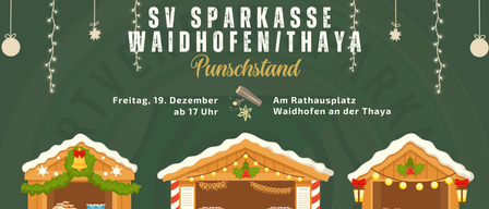 Werbeposter für einen Weihnachtspunschstand am Rathausplatz in Waidhofen an der Thaya am 19. Dezember ab 17 Uhr. Abbildung zeigt eine geschmückte Holzhütte mit Feiertagslichtern und Ornamenten.