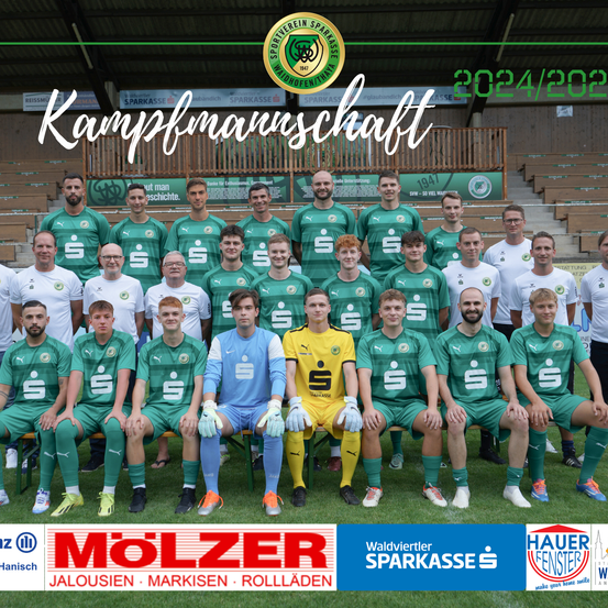 Ein Mannschaftsfoto zeigt Spieler in grünen und gelben Trikots, wobei der Torwart in Gelb ist, auf einem Feld mit dem Logo von Sportverein Sparkasse. Im Hintergrund sind Sponsoren wie Molzer und Waldviertler Sparkasse zu sehen.