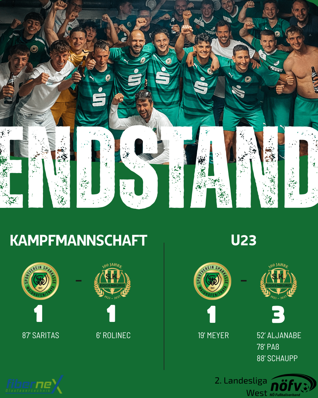 Das Bild zeigt eine Sportmannschaft in grünen Trikots mit 'ENDSTAND' oben. Unten stehen sich zwei Teams gegenüber, eines gewinnt 1-0 und das andere 1-3. Spieler feiern, mit aufgelisteten Punkten und Spielernamen.