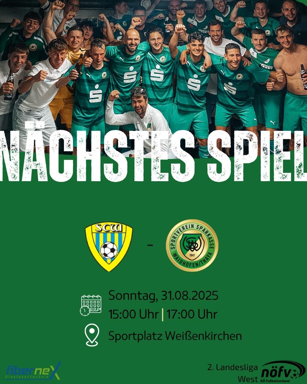 Ein Fußballteam in grünen Trikots posiert für ein Foto. Der Text lautet 'nächstes Spiel' und das Datum ist der 31. August 2025.
