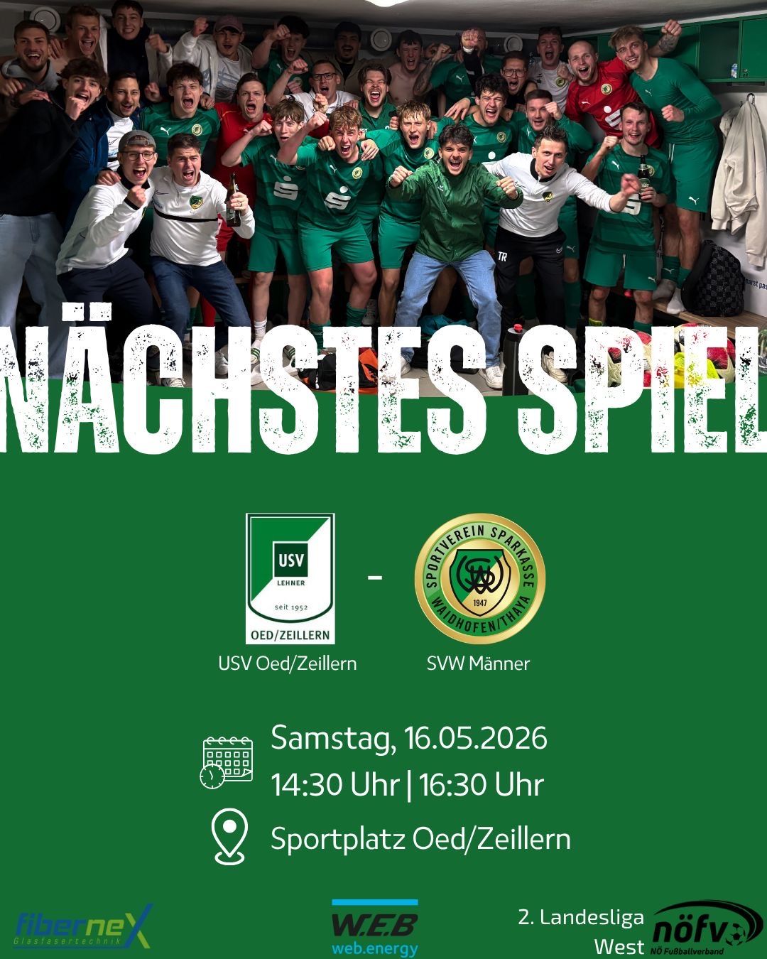 Advertisement for the next soccer match between USV Oed/Zeillern and SWV Manner on May 16, 2026 at 2:30 PM and 4:30 PM at Sportplatz Oed/Zeillern.