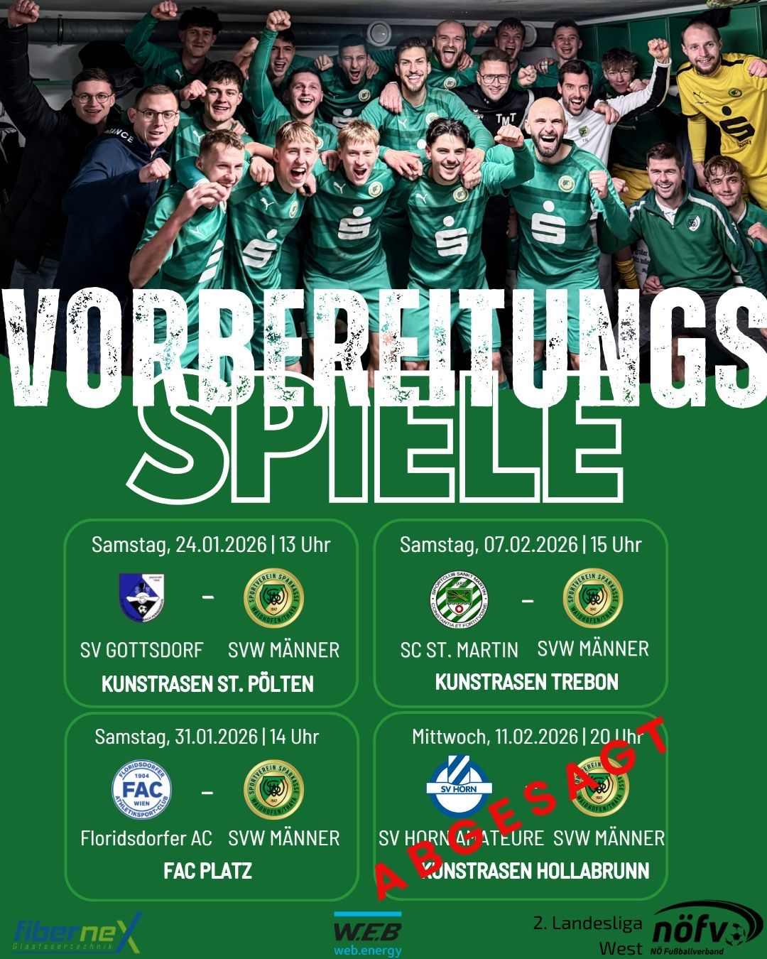 Ein Plakat für Sportveranstaltungen mit Teams in grünen Trikots, mit Datum, Uhrzeit und Orten für jedes Spiel aufgeführt.